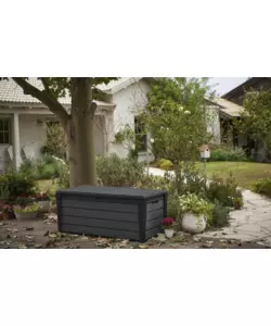 Baule da esterno keter "brushwood" in resina grafite effetto legno 454 lt 145x69,7x60,3 cm